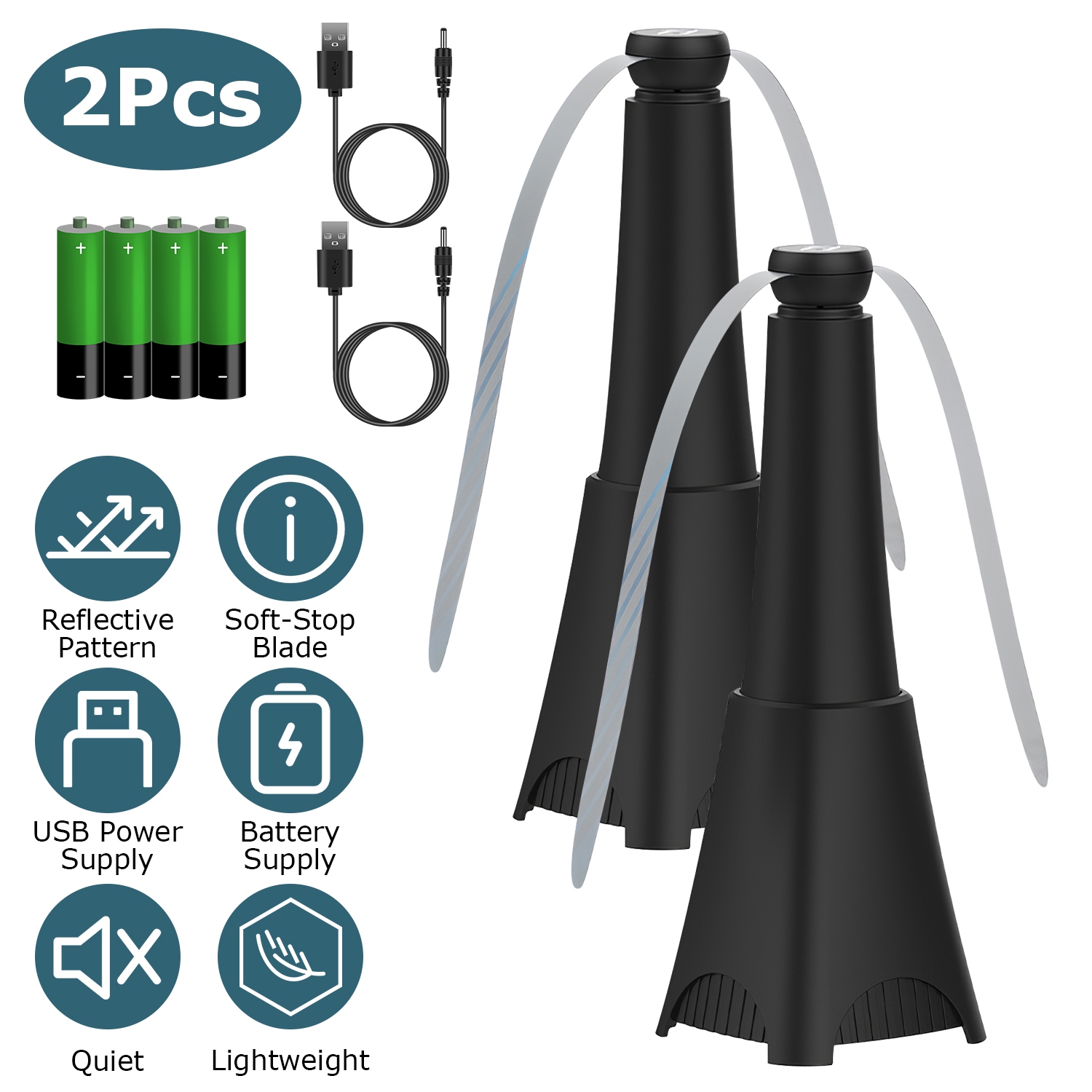 Paquete de 2 Ventiladores Portátiles Reflectantes Repelentes de Moscas, Con Batería Recargable, Trampa de Moscas Para Mesa y Comida, Aspas de Parada Suave, Gancho Para Colgar, Interior y Exterior — imagen 1