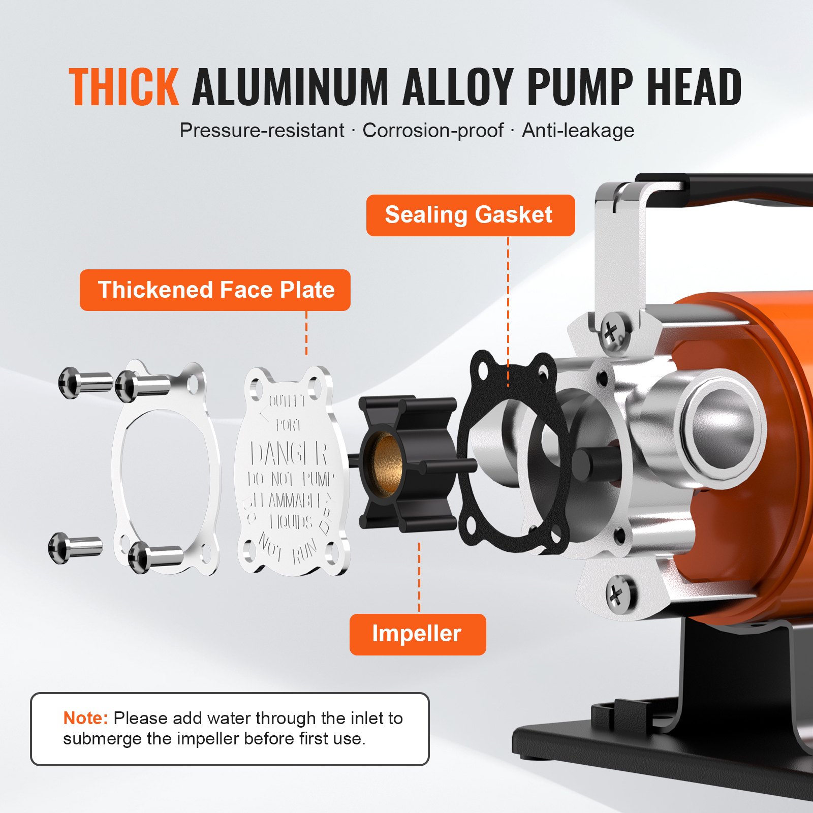 Pompa de Transferencia de Agua 12V DC 360 gph 1/10CV, Portátil y Eléctrica con Kit de 6 pies de Tubo de Succión, Impulsor, Cepillo de Succión para Jardín, Barril de Lluvia, Piscina, Estanque, Baño de Agua Caliente, Descarga de Acuario — imagen 5