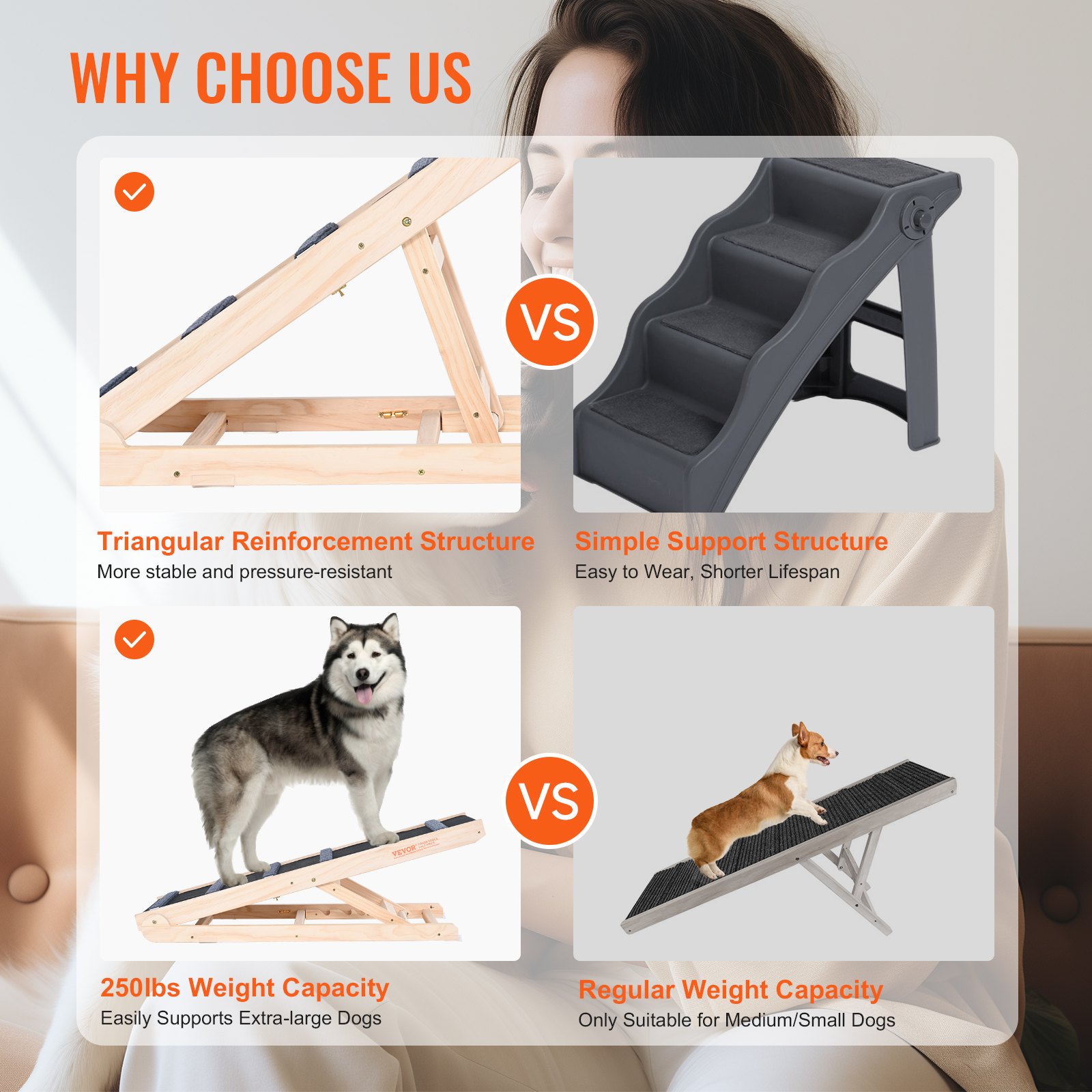 Dog Ramp, Folding Pet Ramp For Bed, Adjustable Dog Ramp For Small, Large, Old Dogs & Cats, Wooden Pet Ramp With 41.3' Long Ramp, Adjustable From 13.77' To 25.59', Suitable For Couch, Sofa, Car — imagen 5
