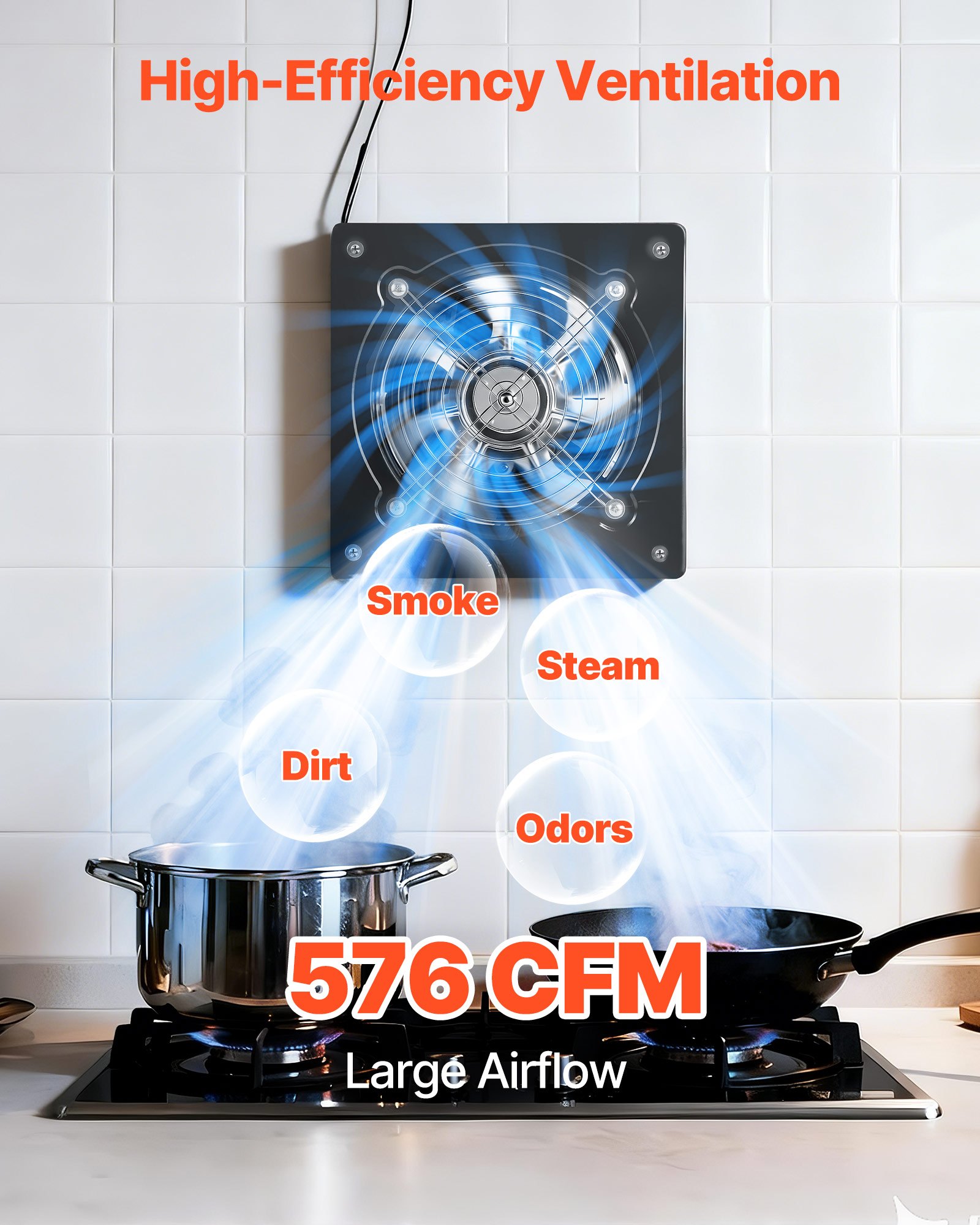 Ventilador de Exhausto 576 CFM de Alta Velocidad para Fijación en Pared con Control On/Off, Baja Consumo, Extractor Portátil de Ventilación para Ático, Garaje, Sótano, Taller, Cocina, Galpón de Pollos, Negro — imagen 2