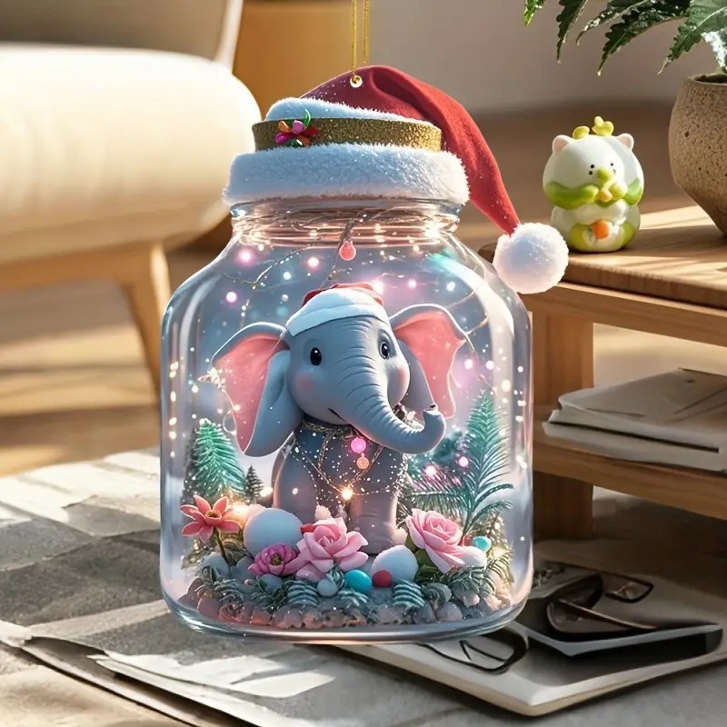 2D New Christmas Hat Cute Elephant Acrylic Flat Pendant Car Rearview Mirror Ornament Christmas Tree Decoration — image 3