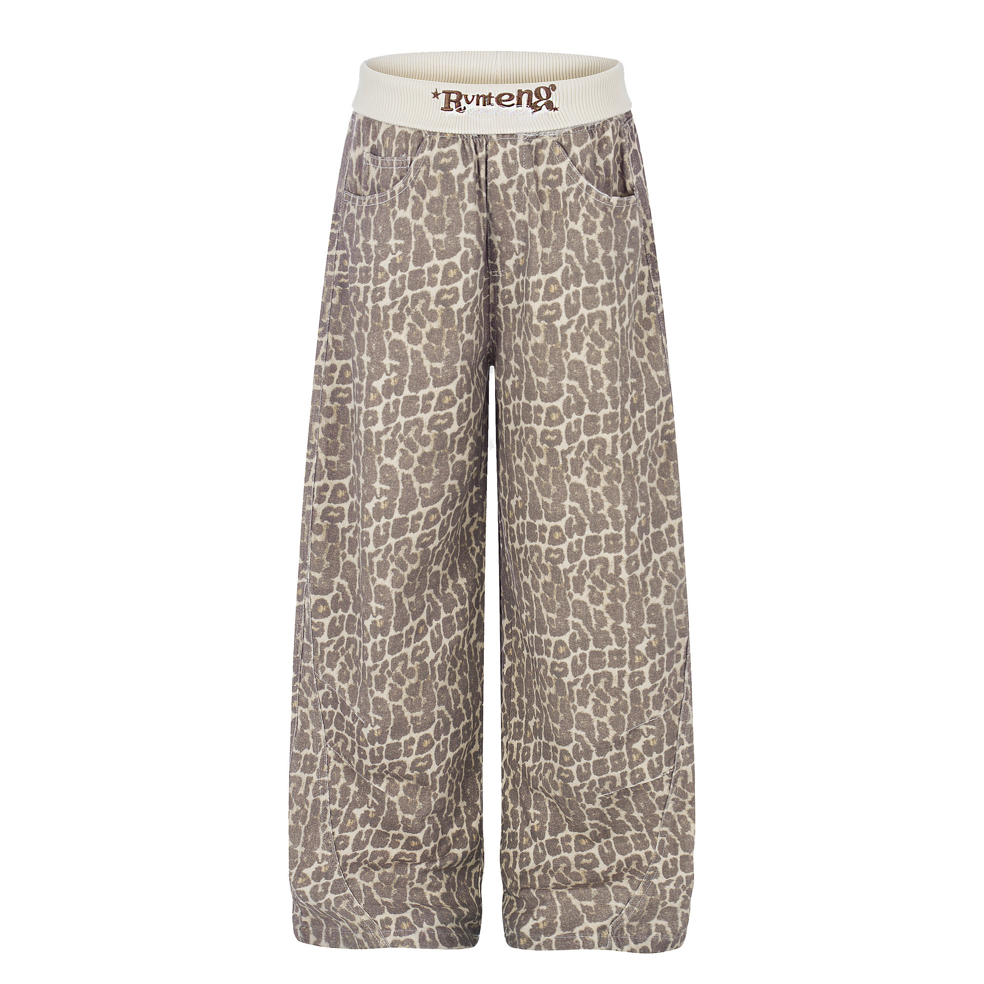 Leopard Print Sweatpants with Contrast Letter Embroidery Elastic Waist Loose Wide Leg Floor-Length Casual Pants — image 1
