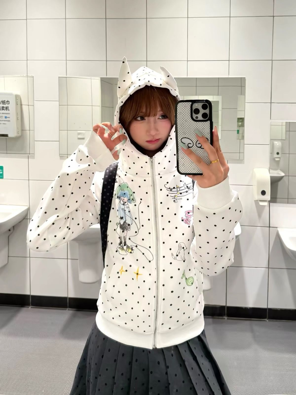 Cartoon Hoodie for Women, Zip-Up Coat with Polka Dot Cat Ears, Fitted Outerwear Trendy Style — image 7