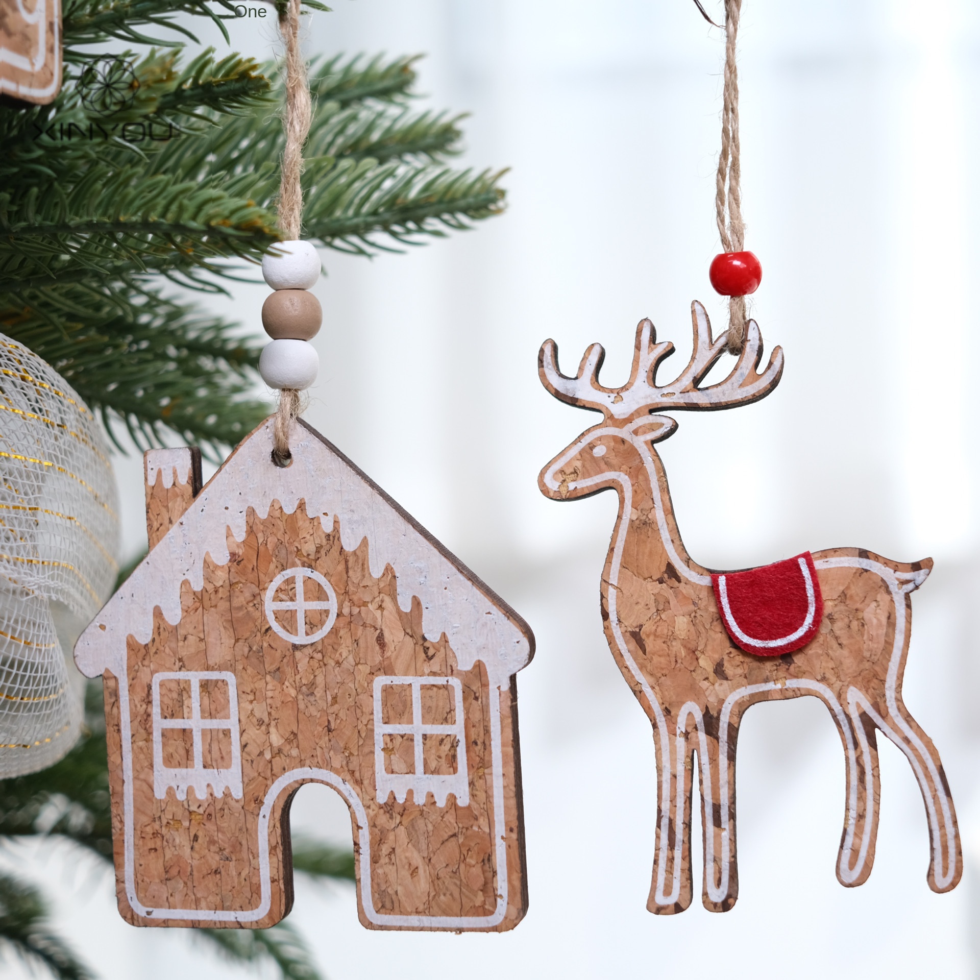 Ornamento de Navidad Retro en Textura de Madera de Pan Dulce con Ciervo Regalo para Decoración de Árbol de Navidad Pendiente — imagen 2