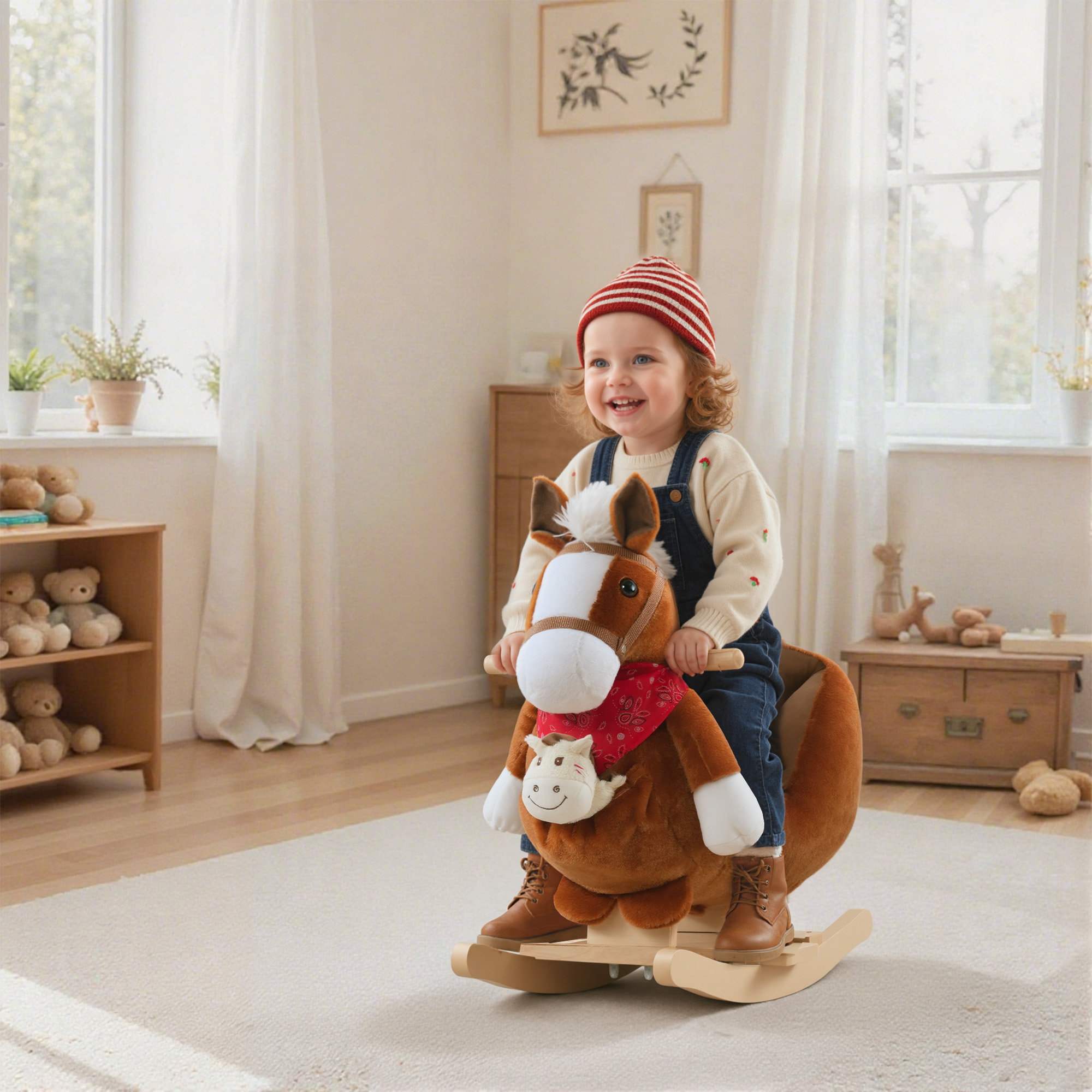 Kids Ride-On Rocking Horse Toy, Rocker with Lullaby Song, Hand Puppets & Soft Plush Fabric for Children 18-36 Months, Brown — image 1