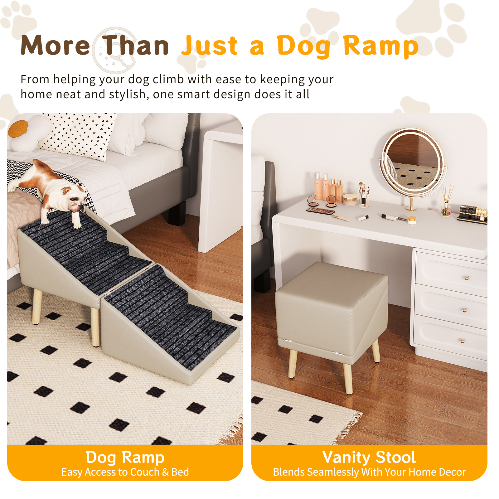 Paso para Perros para Cama y Sofá - Escaleras de Madera 2 en 1 para Perros Grandes, Medianos y Pequeños, Diseño Split con Superficie Antideslizante Gris Claro — imagen 11