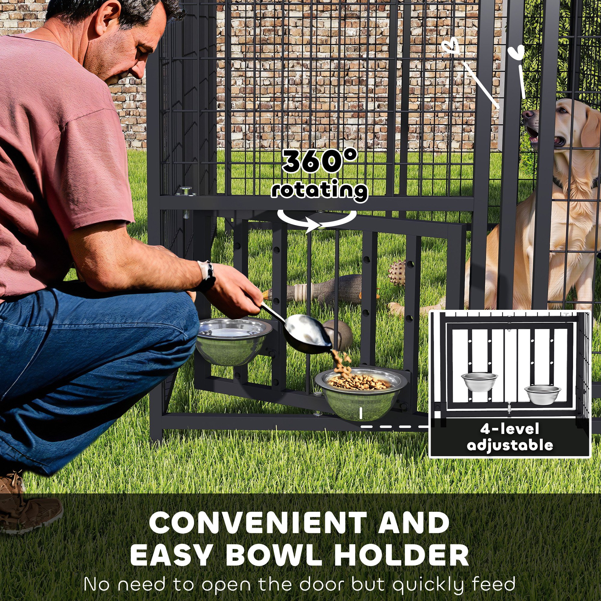 Welded Wire Outdoor Dog Kennel With 360 Rotating & 4 Levels Adjustable Bowls, Waterproof Cover, 7.9 X 4 X 6 — image 2