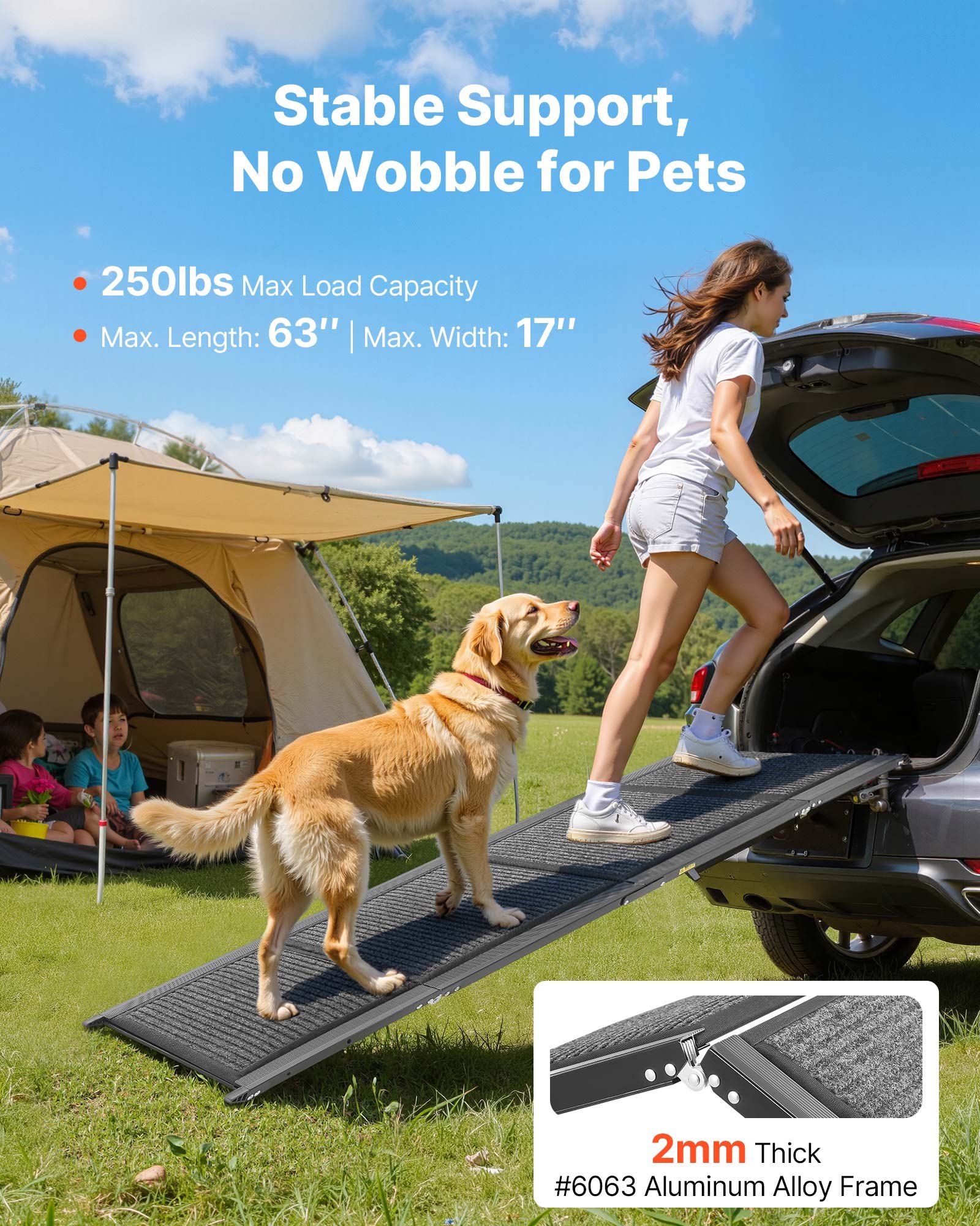 Paso para Perros de Automóviles, 63" L x 17" W, Pasarelas Portátiles para Perros Medianos y Grandes Hasta 250lbs, Rampas para Perros con Superficie de Alfombrilla Antideslizante — imagen 3