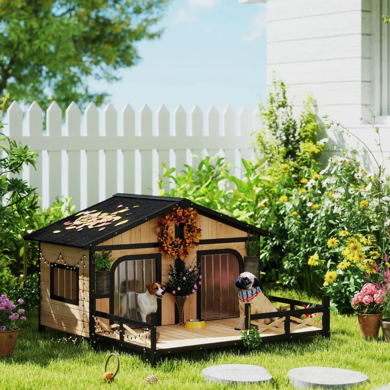 Casa para Perros Exterior, Caja de Madera Resistente al Tiempo con Porche, Techos Abatibles y Varios Paquetes Enviados. Por Favor Preste Atención a las Dimensiones y Peso en los Detalles — imagen 9
