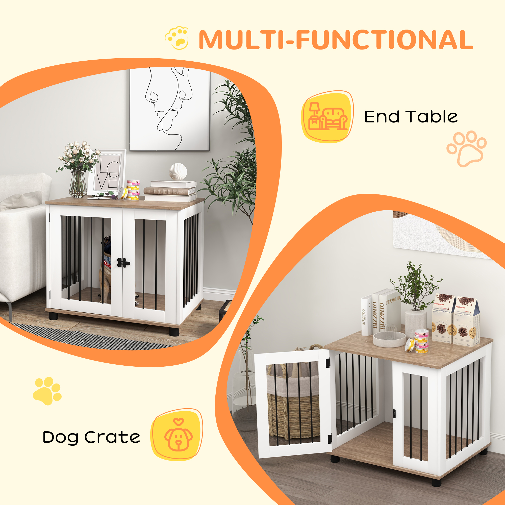 PawHut Caja de Perro para Interior, Mueble con Mesa y Puerta Conexión para Canes Pequeños y Medianos, Madera Walnut Marrón — imagen 4