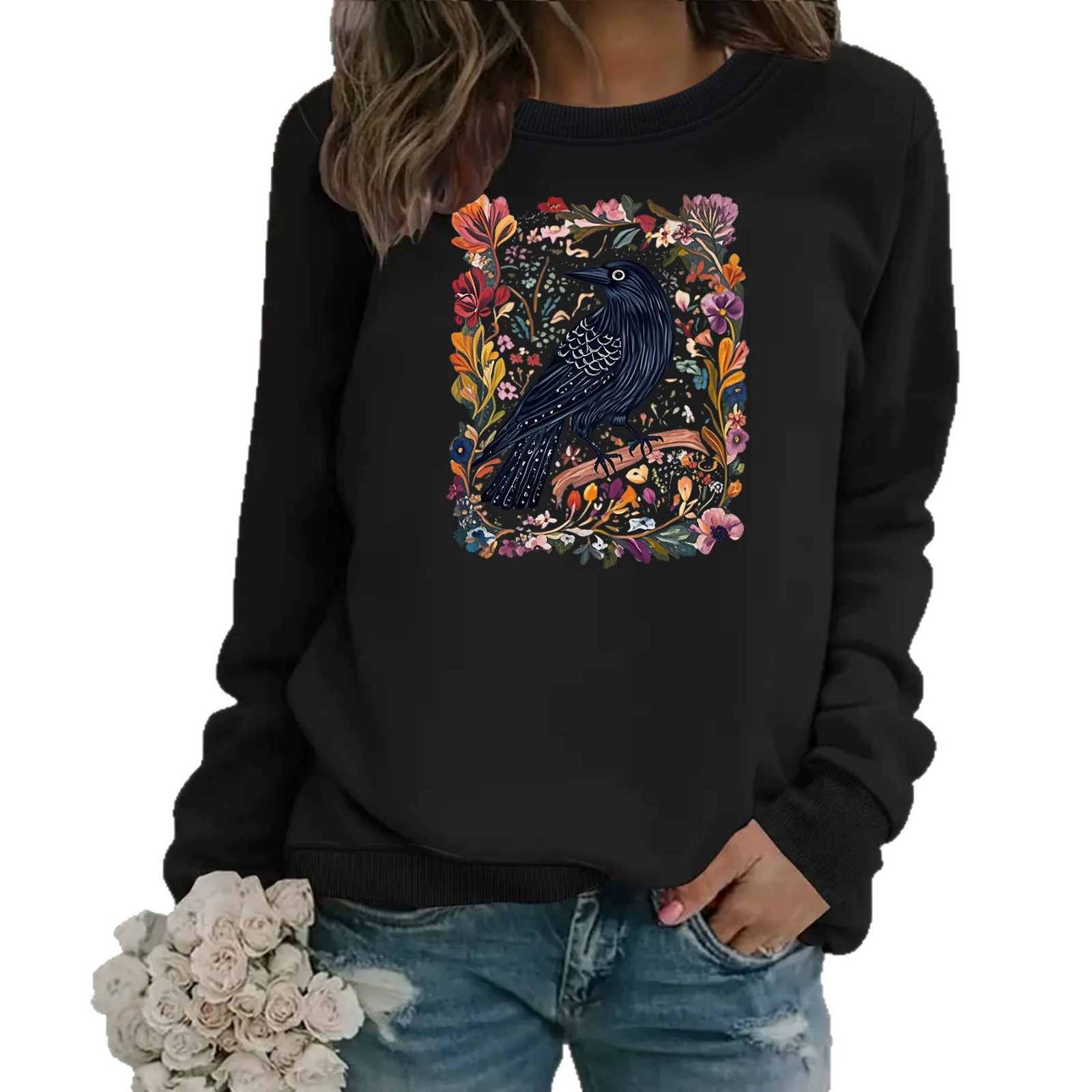Crow print round neck fleece hoodie — image 2