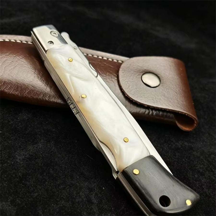 EDC Folding Knife Satin Flat Blade Safety Lock Knife Manually Opened for Daily Use, Three Color Handle with Leather Knife Cover — image 4