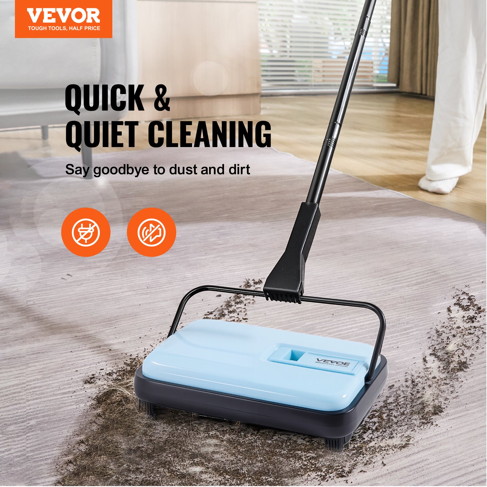 Carpet Sweeper Manual, Floor Sweeper With 300 Ml Dustbin Capacity Easy To Empty, 6.7 Inch Cleaning Width For Home Office Carpets Pet Hair Dust, Blue — imagen 5