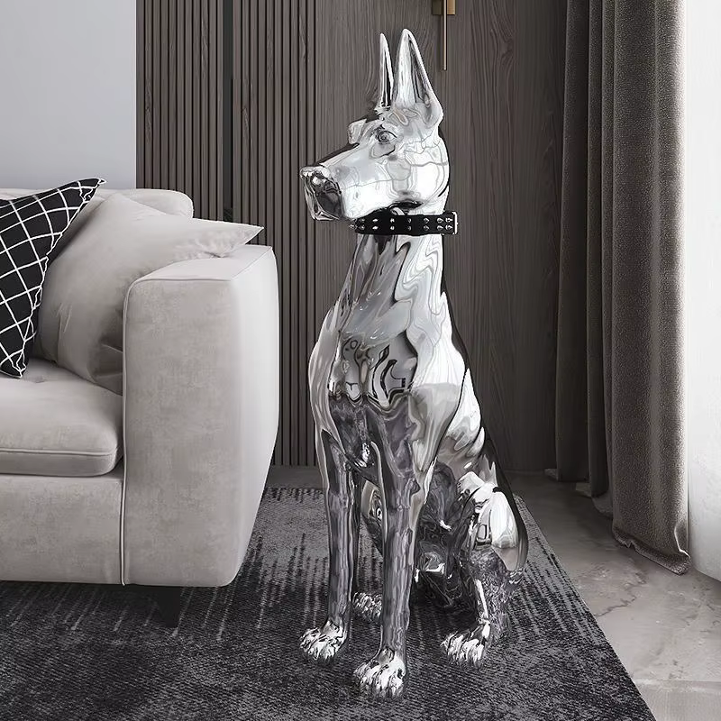 Modern Fashion Interior Resin Animal Sculpture Home Villa Corner Proch Electroplated Silver Doberman Dog Statue — image 2