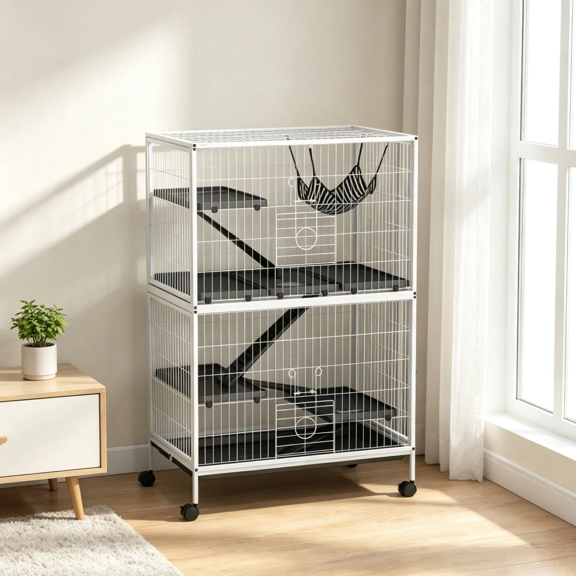 Tall Rolling Ferret Chinchilla Cage Small Animal Pet Habitat with Hammock, 4 Doors, Removable Tray — image 3