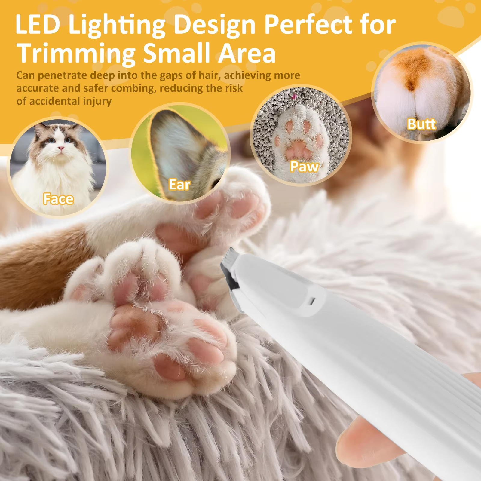 Pet Dog Paw Trimmer with LED Light Low Noise Shaver High-Speed Waterproof Dog Cat Hair Trimmer Clippers Cordless Grooming Tool — image 4