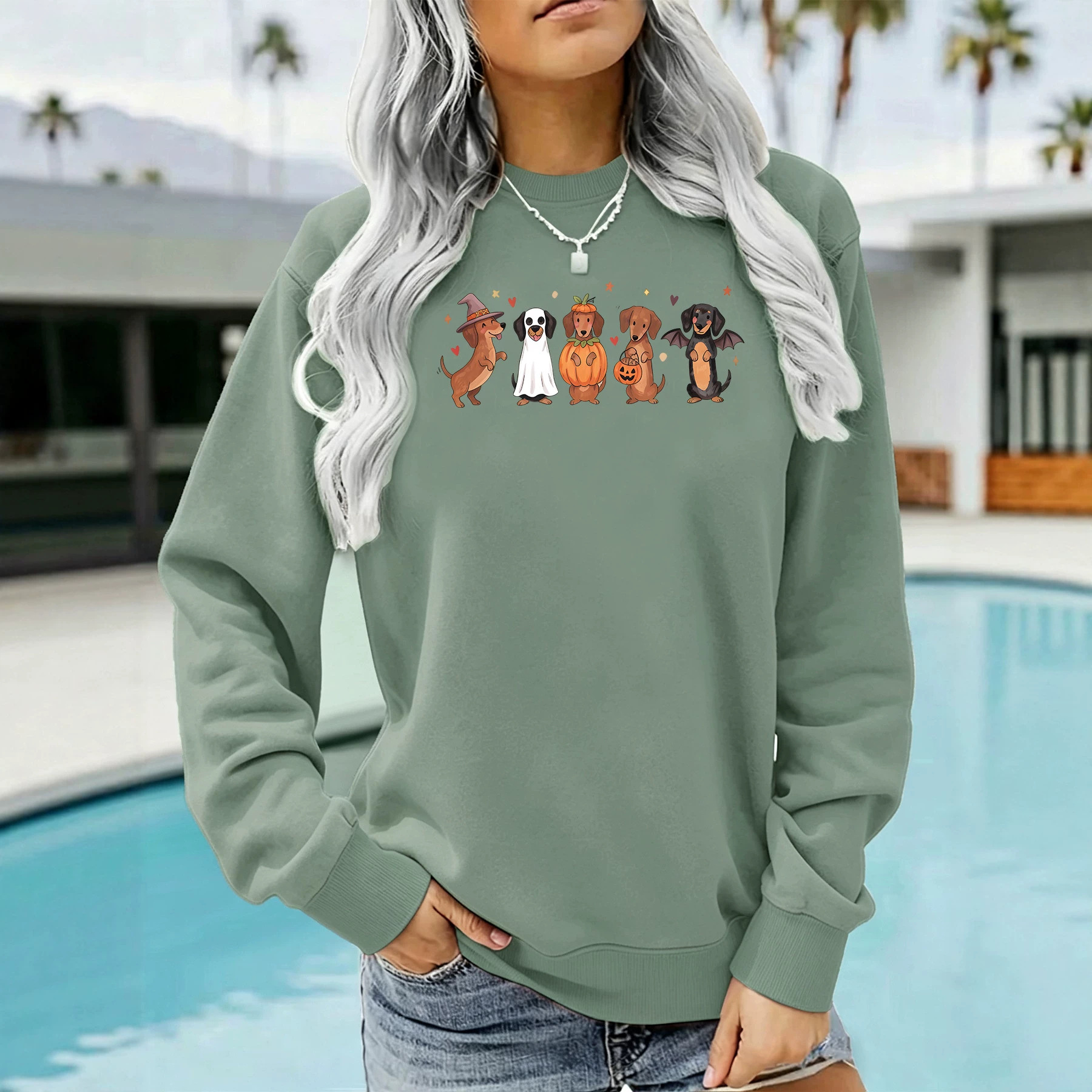 Sausage Dog Printed Round Neck Velvet Hoodie — image 4