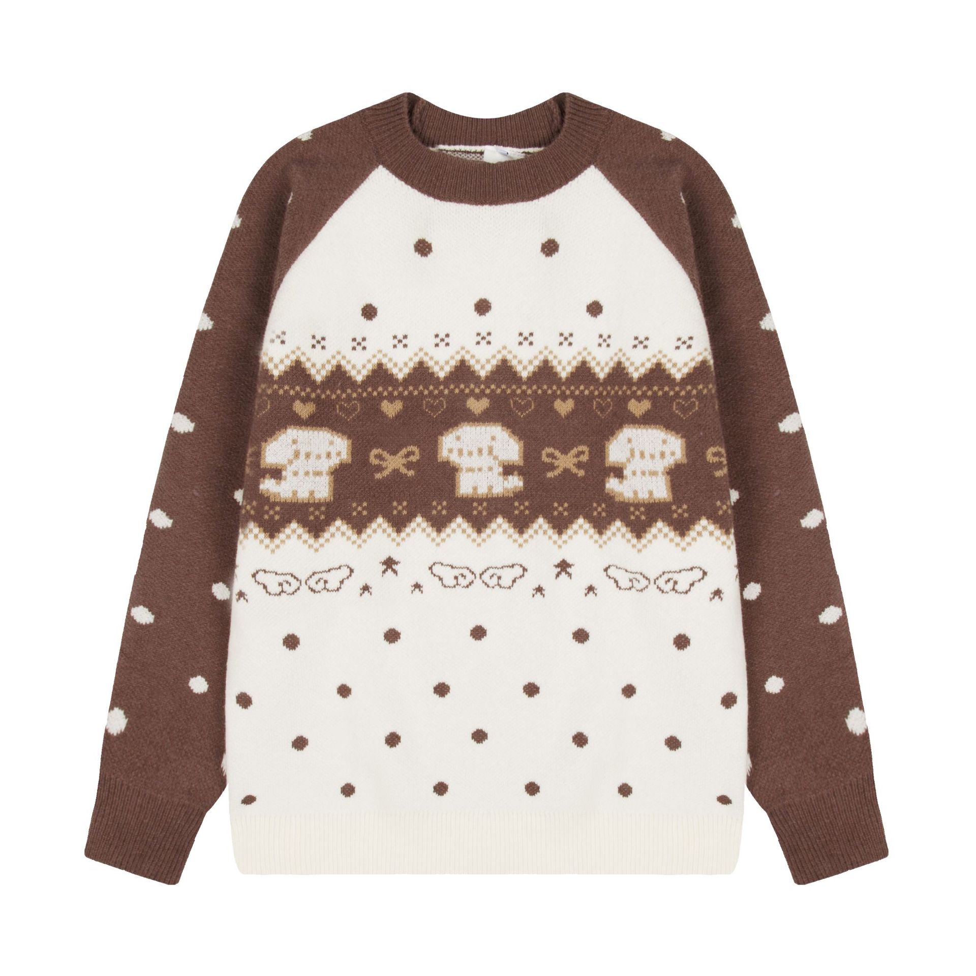 Women's Fair Isle Cartoon Dog Jacquard Raglan Sleeve Round Neck Knit Pullover Sweater — image 3