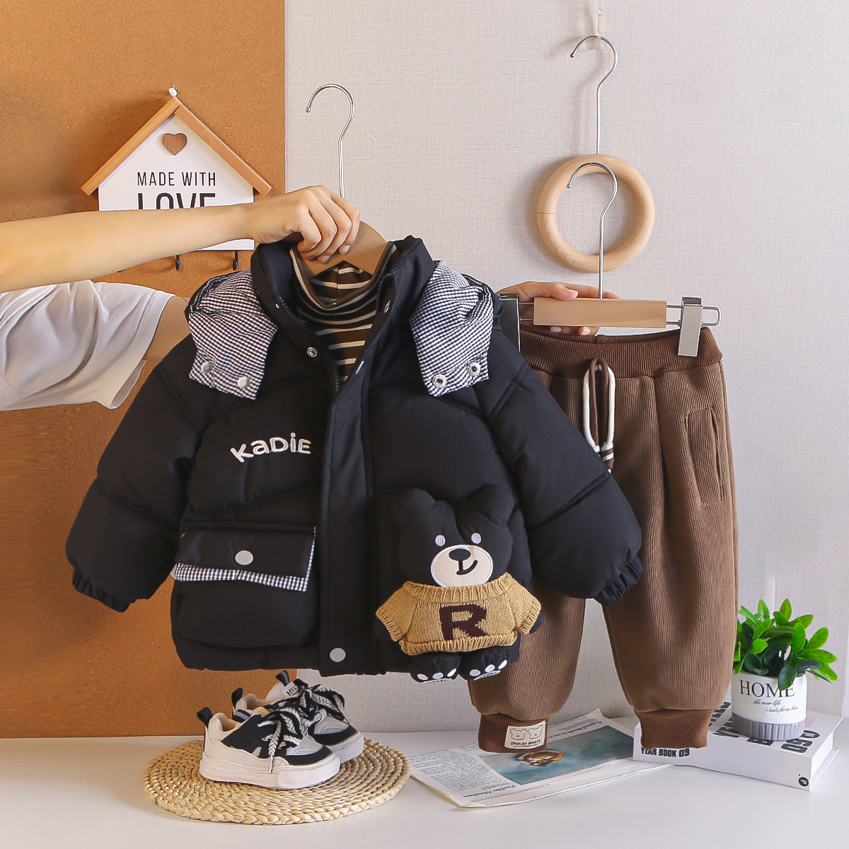 Boys Winter Warm Fleece-Lined 3-Piece Set Bear Pattern Cotton Padded Jacket Outfits Toddler Clothes — image 4