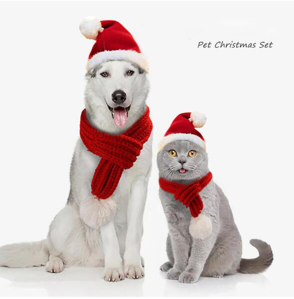 Pet Christmas Hat and Scarf Set Polar Fleece Dog Christmas Set Of 2 Pieces — image 1
