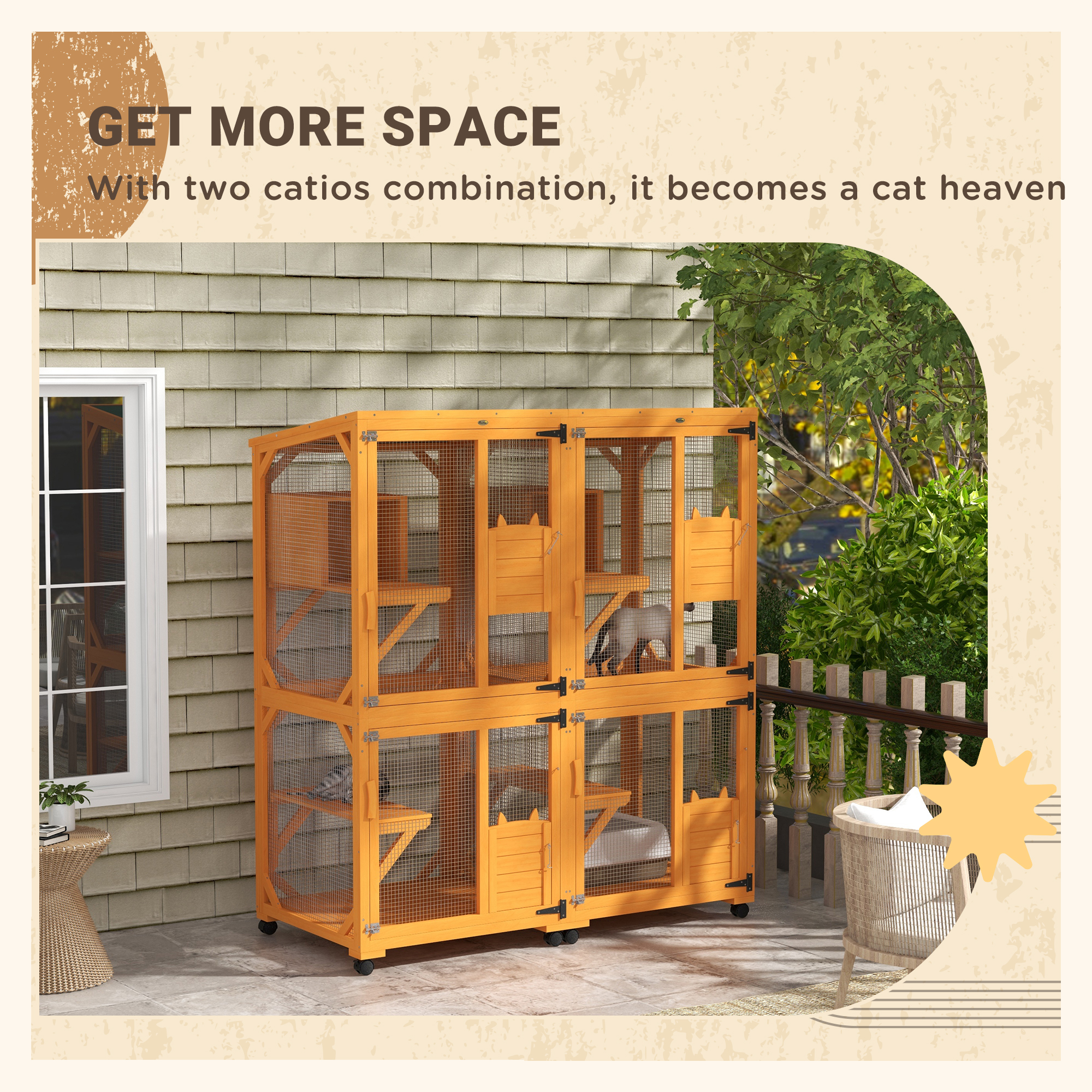 Casa para Gatos Grande con Ruedas para 1-3 Gatos Encierro de Madera Catio Naranja — imagen 8