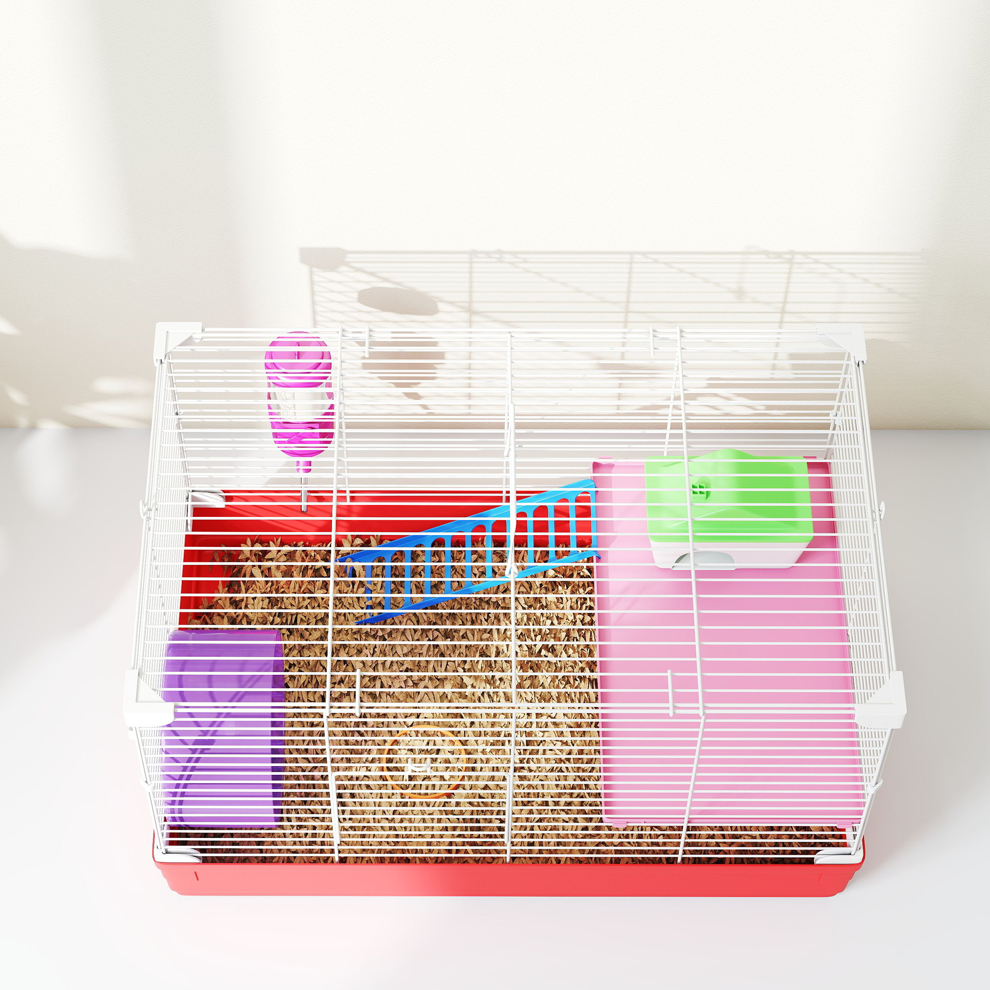 Caja para Hamsters de 46.7 cm con Rueda de Ejercicio y Botella de Agua, Plato, Casa para Ratones y Hábitat Diseño de 2 Plantas Rojo — imagen 3