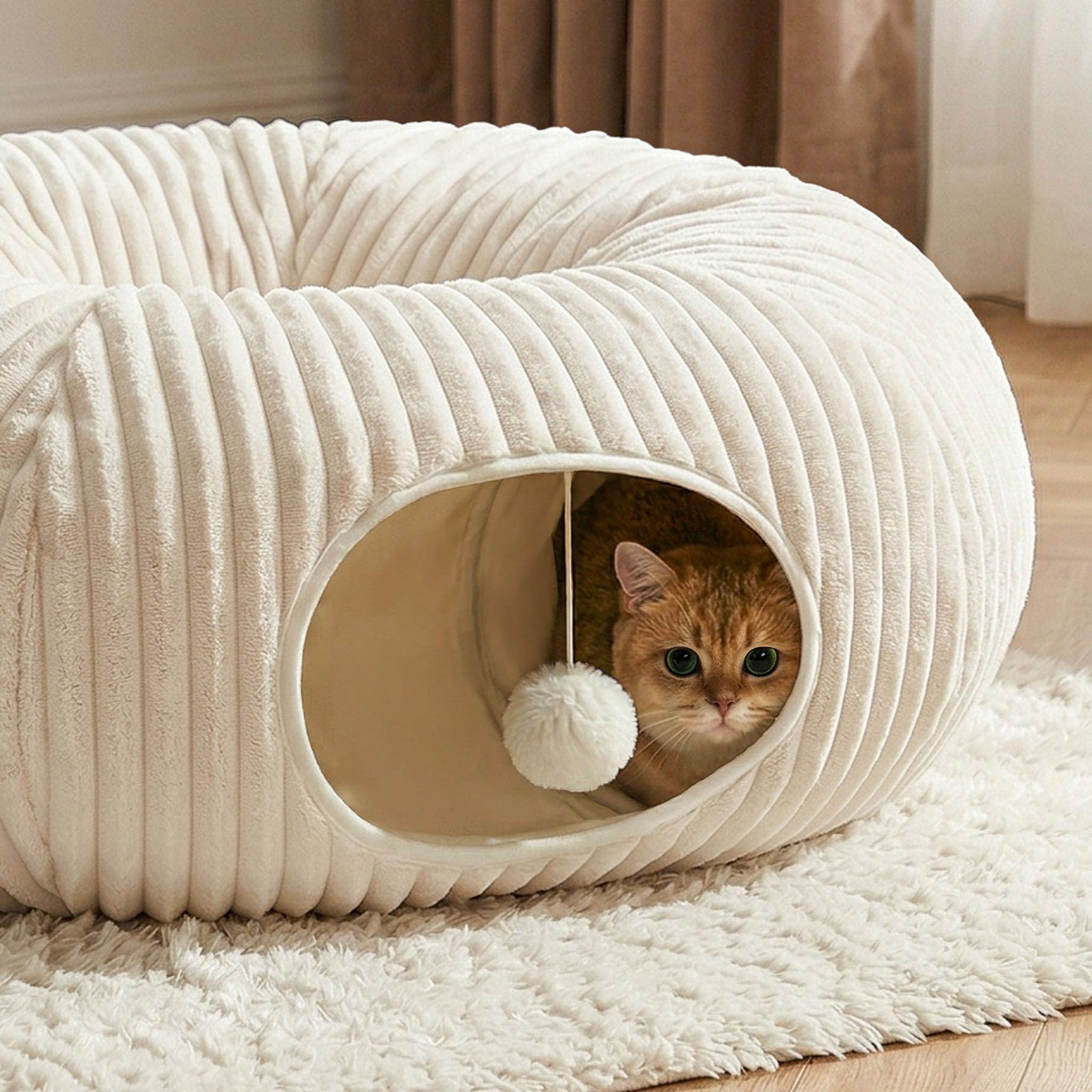 Cat Tunnel Bed With Interactive Cat Toys, Cat Tube With Kitten Toys For Indoor Kittens, Collapsible Play Tunnel, White — image 6