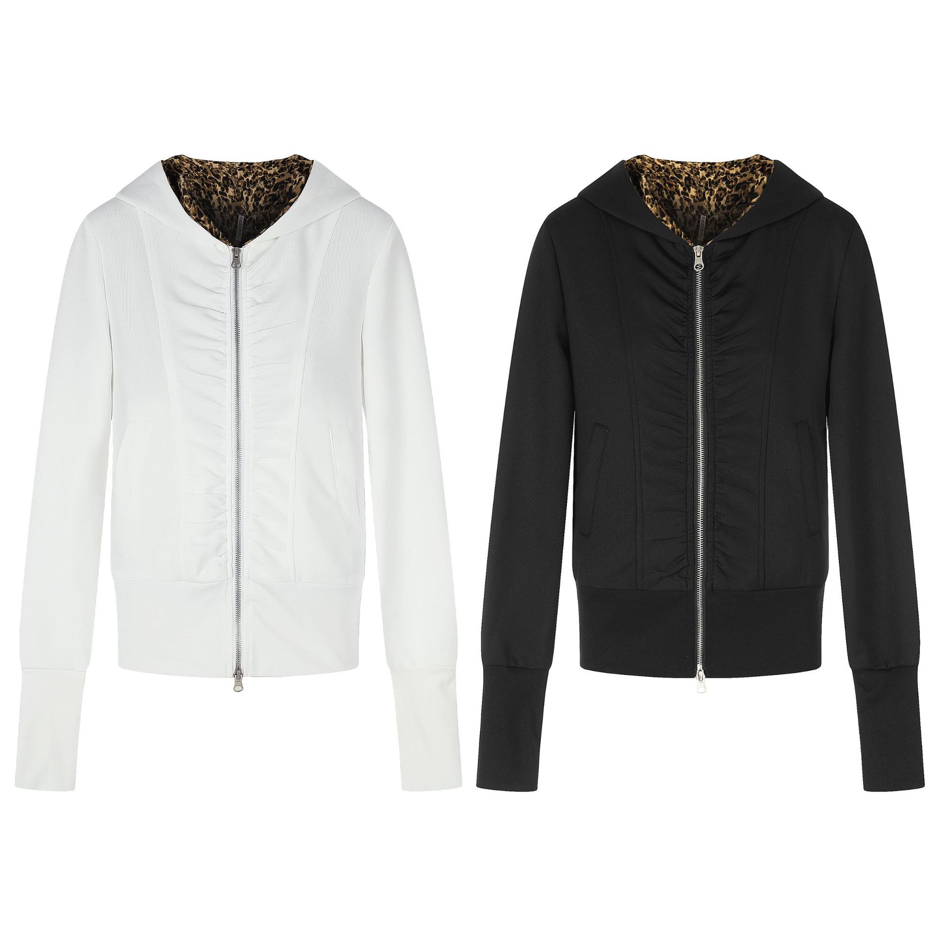 Hooded Sweatshirt Jacket with Leopard Print Lining and Ruched Slim Fit Cardigan — image 5