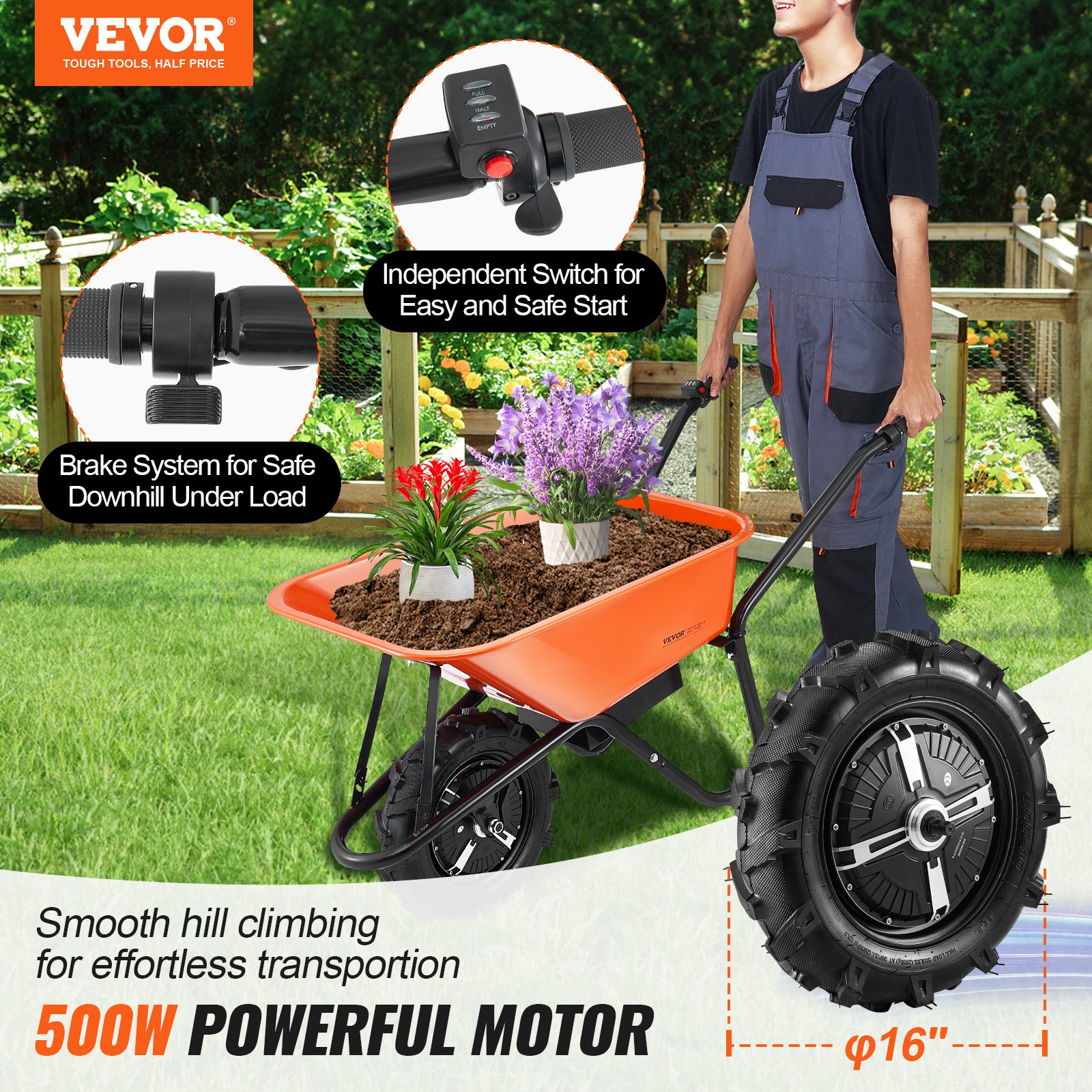 Carro de Rueda Eléctrico para Jardín, 500W - Barrena de Carga Útil con Manija Metálica y Ruedas de 16' — imagen 4