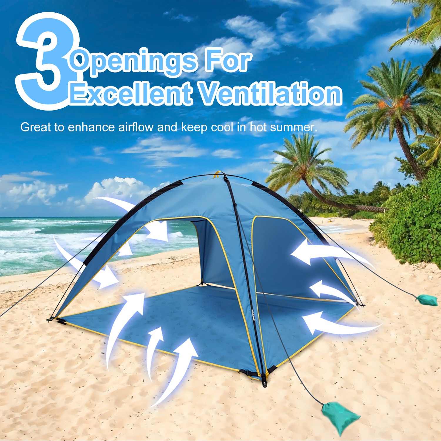 Toldo de Playa para 4-6 Personas con 3 Aberturas de Puerta, Bolsa de Transporte, UPF50, Impermeable, para Playa, Picnic, Campamento, Senderismo, Aventura y Pesca — imagen 9
