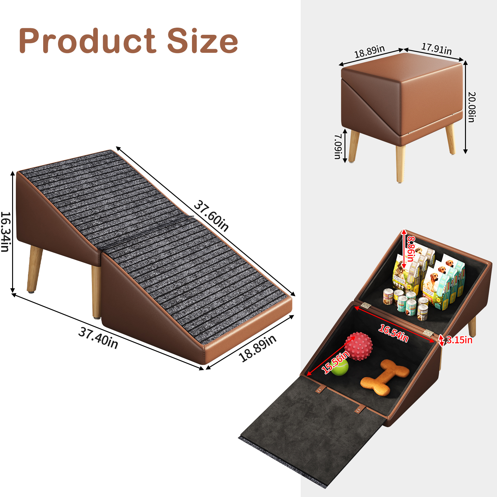3-in-1 Dog Ramp 18.89"×17.91"×20.08" with Storage – Pet Stairs for Senior & Injured Dogs & Cats, Hidden Storage Footstool, Ottoman Anti-Slip, Supports 265 lbs for Beds & Sofas (BROWN Color) — image 17