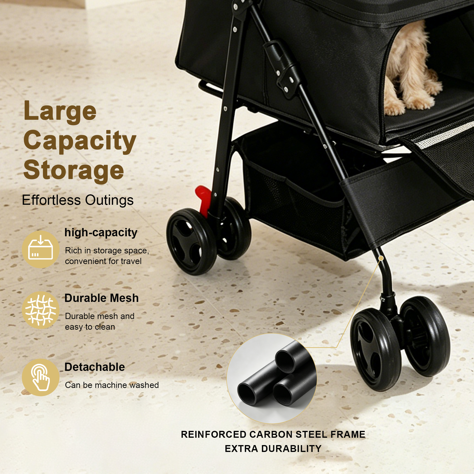 Carril de Mascotas Plegable para Perros y Gatos Pequeños Menos de 28 libras con Mesa Multifuncional, 2 Correas de Seguridad, Cesta de Almacenamiento & Malla Respirable, 4 Ruedas, Negro — imagen 16