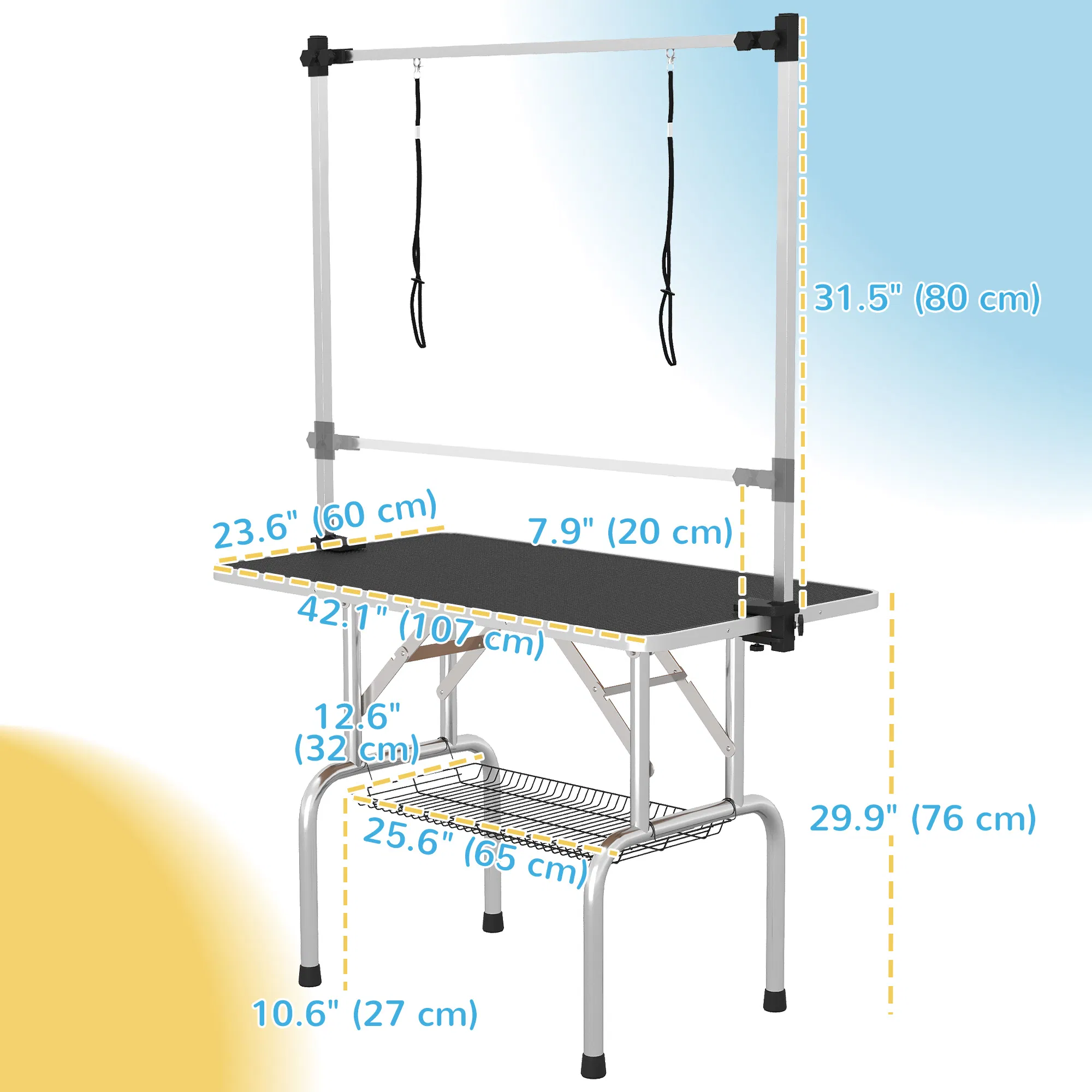 Adjustable Dog Grooming Table with 2 Safety Slings, Storage Basket, Black — image 5