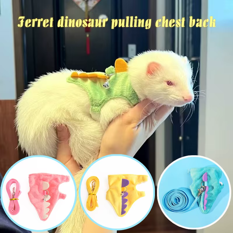 Ferret lead rope Vest type adjustable pet rope Cute dinosaur shape with bell for walking mice — image 1