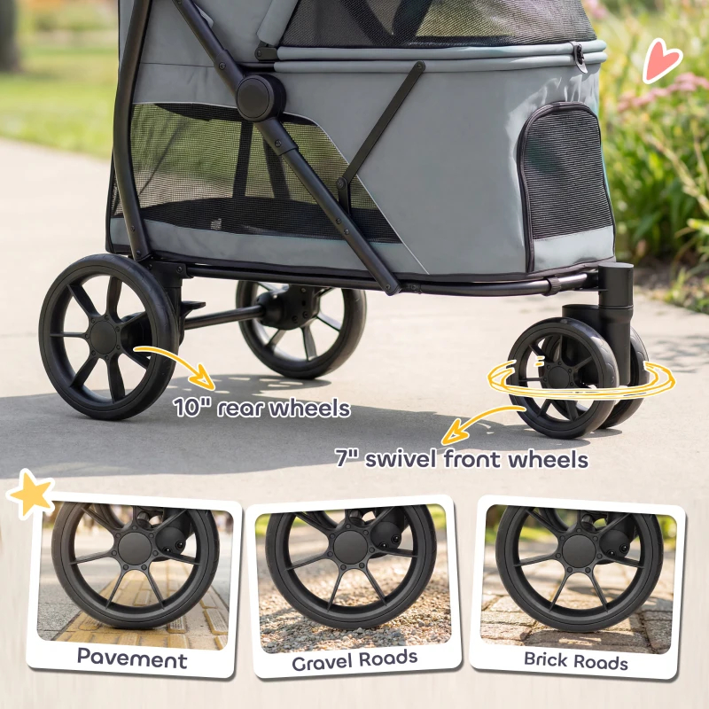 Carrito De 3 Ruedas Para Perros Con Plegado Fácil, Ventilación, Malla Y Almohada Lavable, Para Perros Medianos, Gris — imagen 6