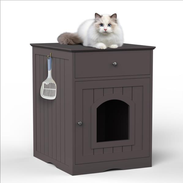 Wooden Pet House Cat Litter Box Enclosure With Drawer, Side Table, Indoor Pet Crate, Cat Home Nightstand Brown — imagen 5