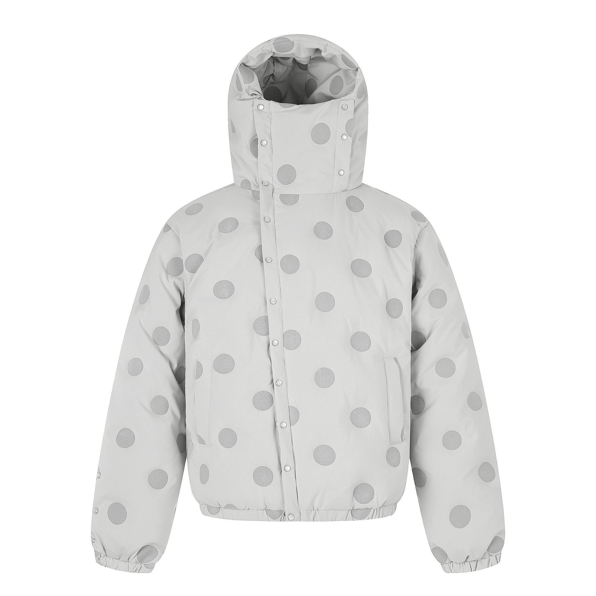 Polka Dot Print White Duck Down Jacket Windproof Snap Button High Collar Hooded Unisex Warm Coat — image 2