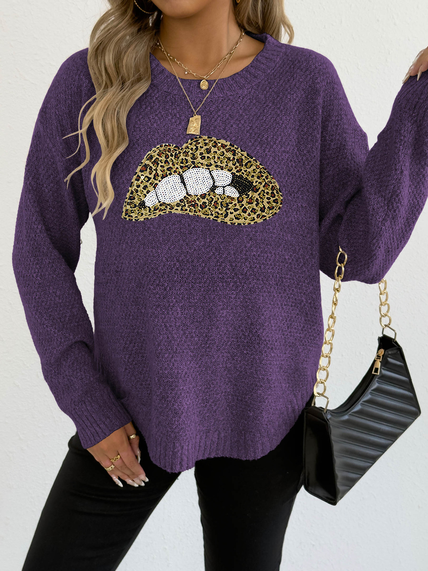 Women's leopard print embroidered sequin lip design round neck pullover sweater — image 9