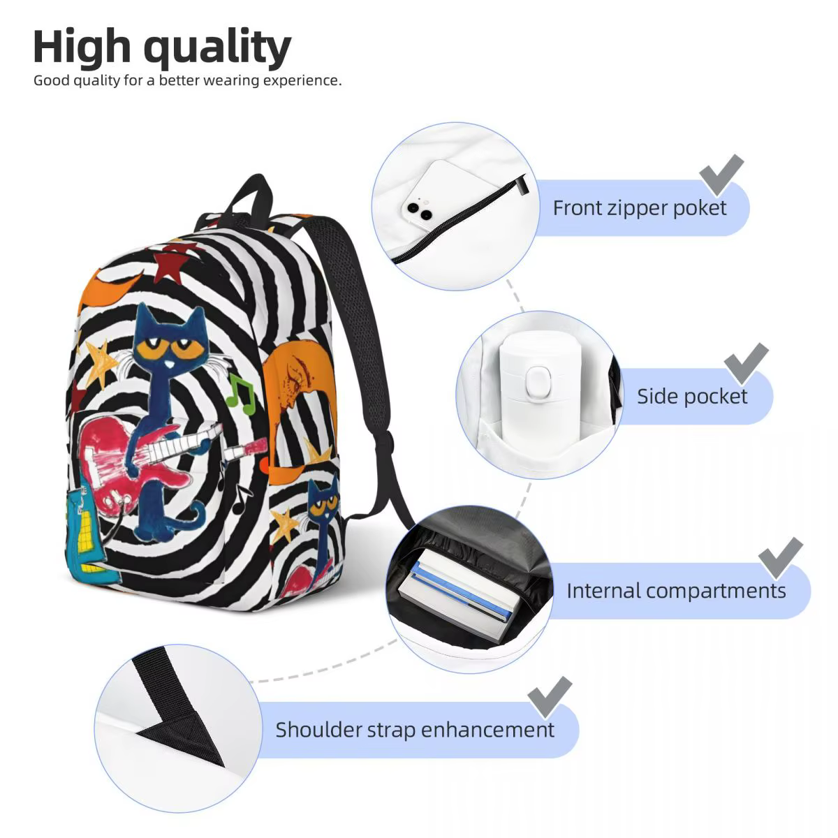 Pete The Cat I Love My White Shoes Cool Backpack High School Hiking Travel Cartoon Cats Daypack for Men Women Laptop Canvas Bags — image 5