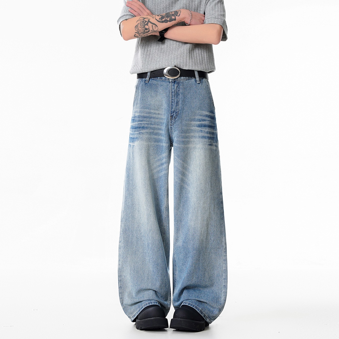 Relaxed Fit Cat-Whisker Washed Wide-Leg Jeans for Men — image 1