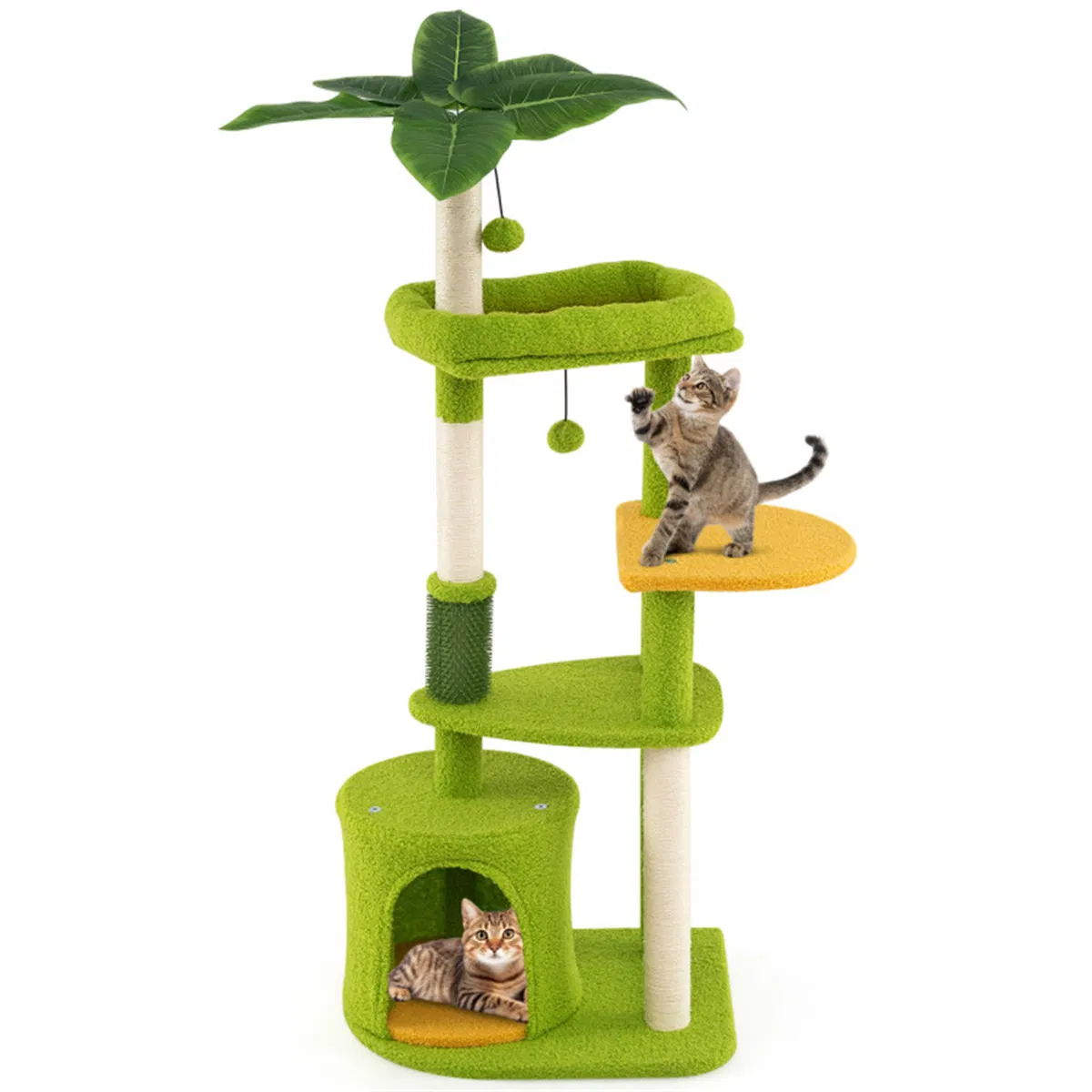 48" Cat Tree with Tropical Leaves - Self-Groomer & Scratching Posts, Space-Saving (Green+Orange) — image 1