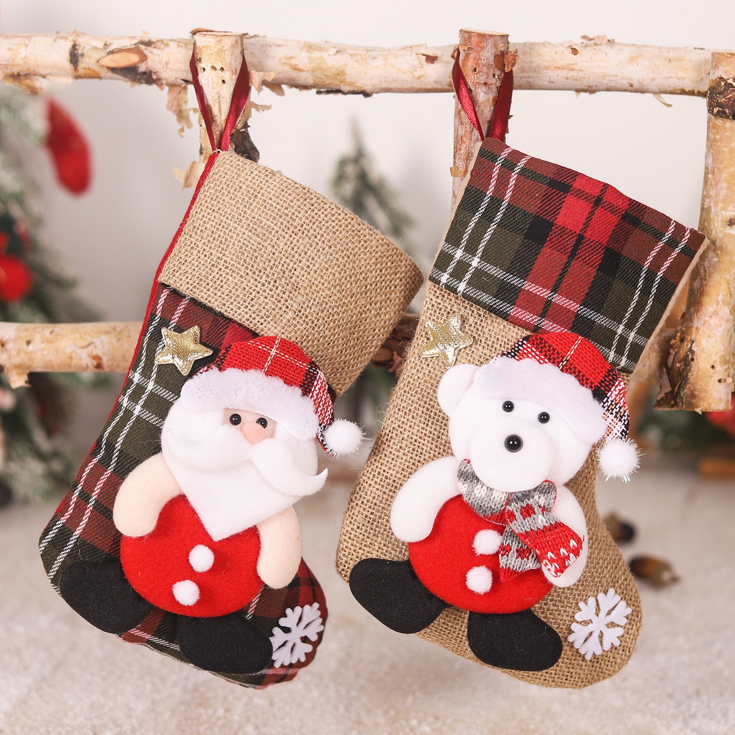 Christmas linen checkered gift bag 3D elderly snowman reindeer figurine Christmas boots pendant — image 7