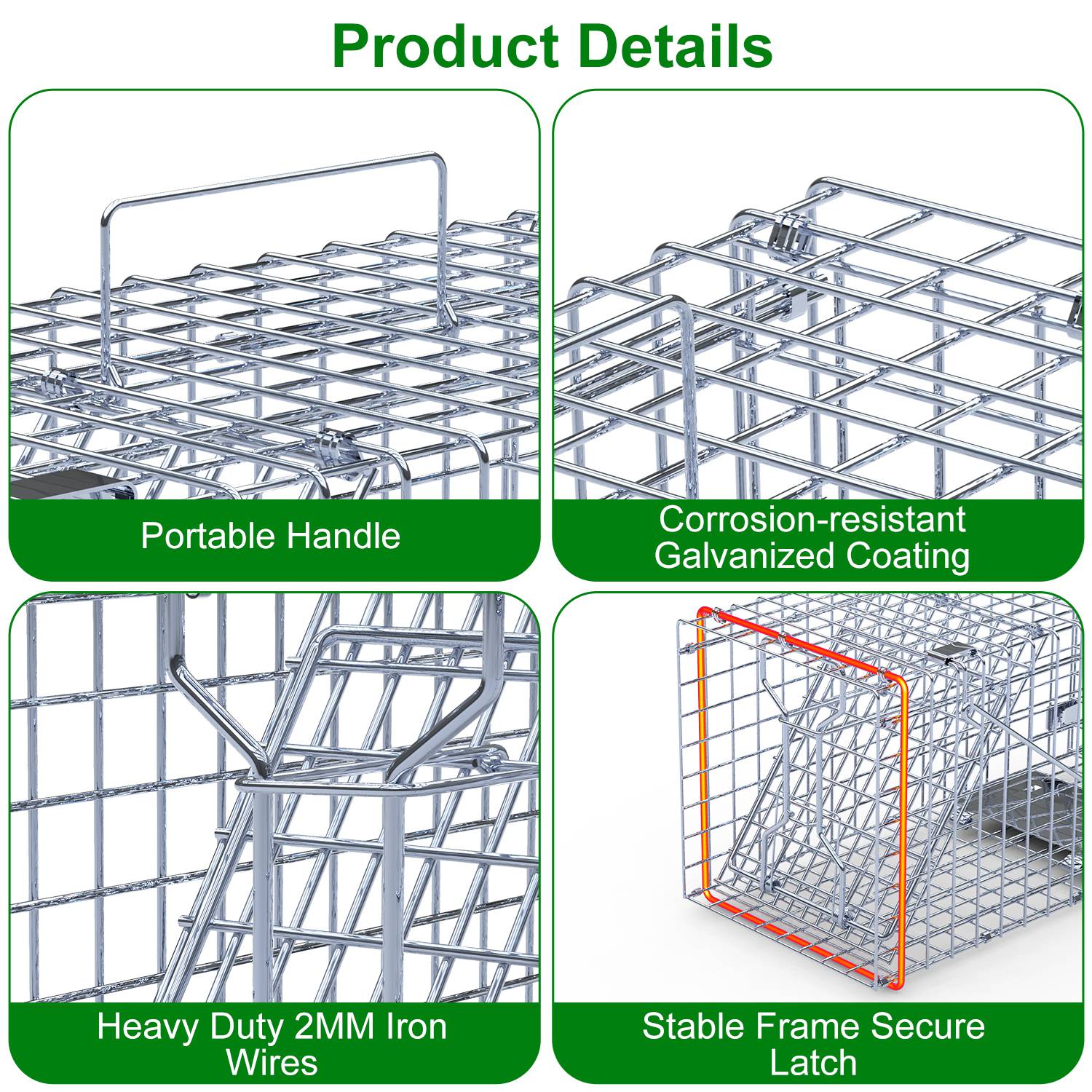 2Pzs Trampa Humanitaria de Puerta Única 18x8x10In para Animales Vivos, para Primavera y Verano, Plegable, Jaula de Hierro Galvanizado para Capturar y Liberar Ardillas, Mapaches, Gatos Ferales, Comadrejas, Armadillos, Zarigüeyas Pequeñas — imagen 8