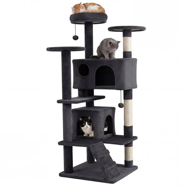52" Tall Cat Tree Tower With Perches & Condos, Multi-Cat Playground With Scratching Posts (Dark Gray) — imagen 3