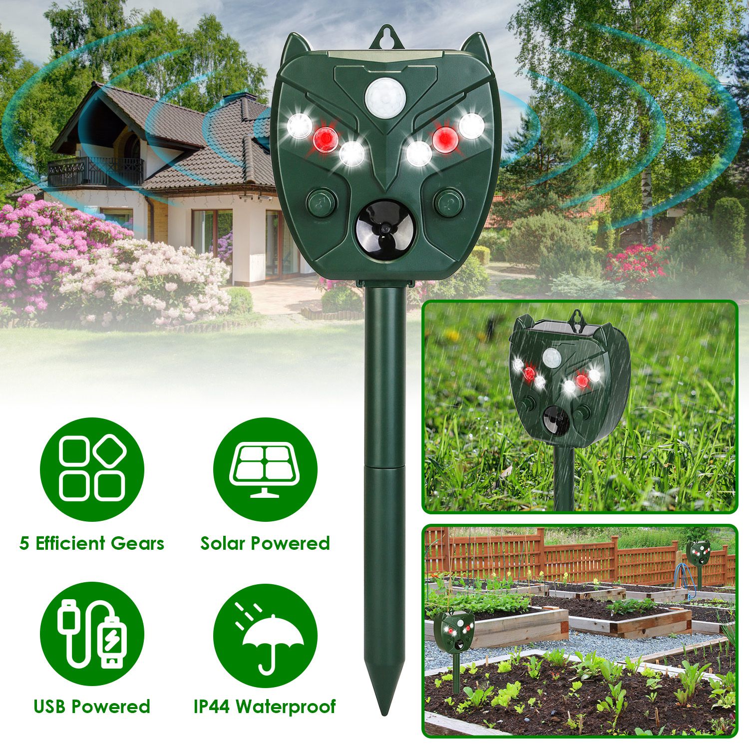 Repelente Solar Ultrasonico para Animales Exterior con 5 Velocidades para Jardín Granja Cauce de Ratas Mapaches Ardillas Conejos Perros Gatos y Vertebrados Acuáticos con Alarma Lámpara Stroboscópica IP44 — imagen 1