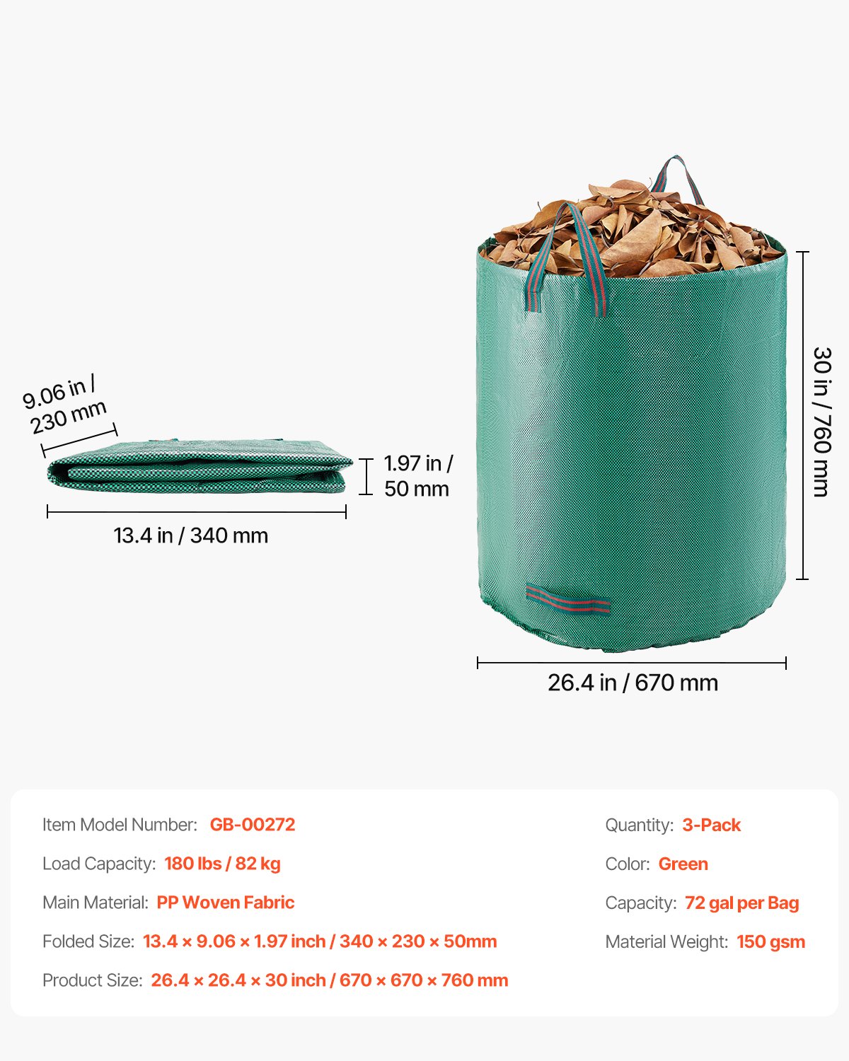 3-Pack 72 Gallon Reusable Yard Waste Bag Garden Leaf Trash Container Lawn Garden — image 1