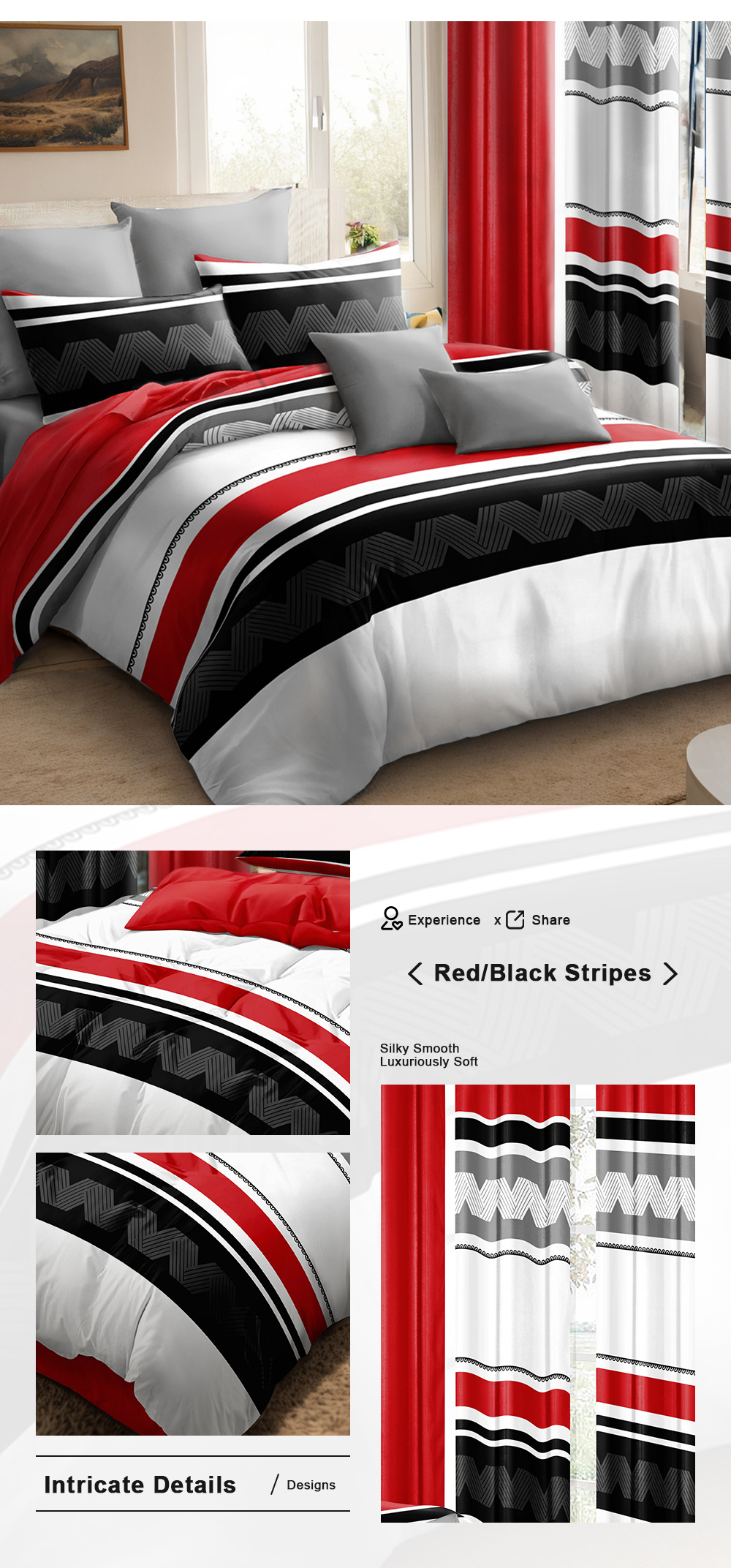 9 Piece Room In A Bag Quilt And Curtain Set, US Designer Red And Black Geometric Chevron Heavyweight Bedspread With 6 Customizable Window Panels, Pet-Friendly High GSM Coverlet — image 9