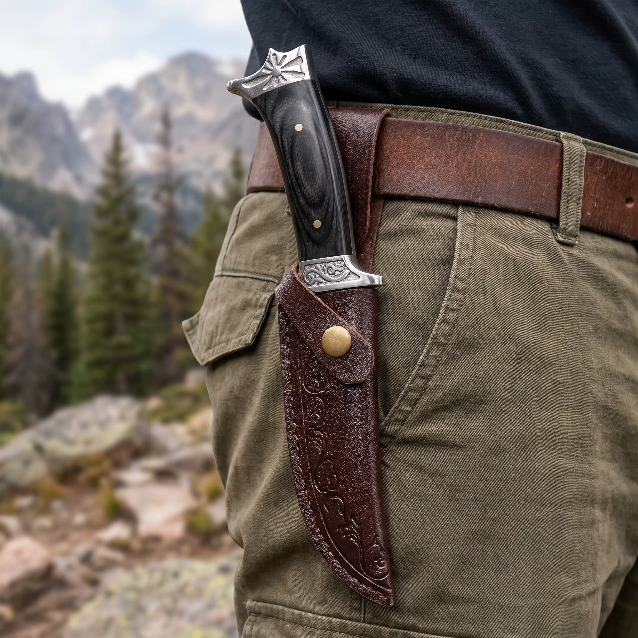 Outdoor Survival Fixed Blade Knife Wood Handle Leather Sheath Camping Hunting Cutting Utility Knife for Camping Hiking Outdoor EDC Hand Tool — image 4