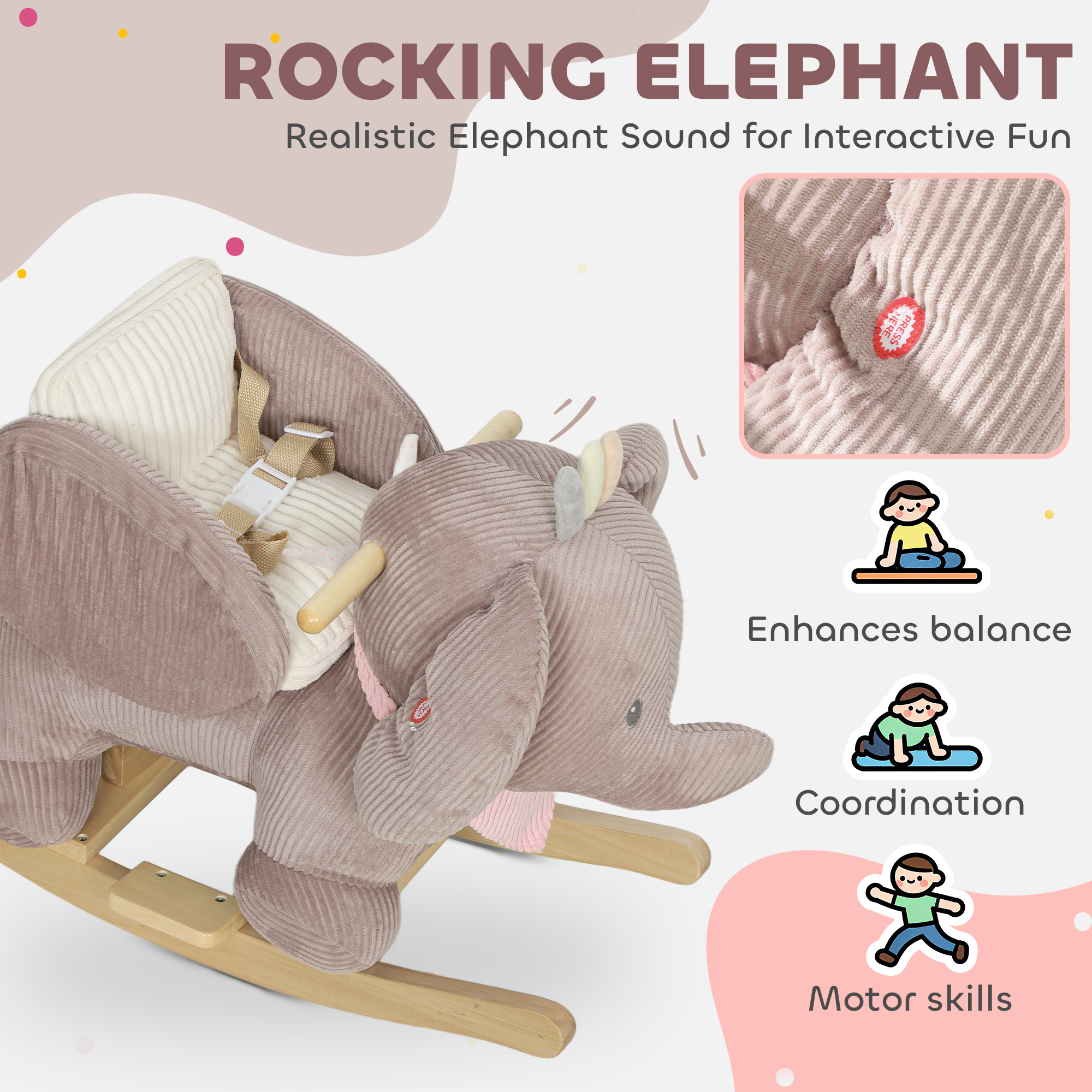 Caballo de Roca para Bebés con Asiento, Juguetes para Niños que Simulan Sonido de Elefante y Cinturón de Seguridad para Edad entre 18 y 36 Meses, Rosa — imagen 3