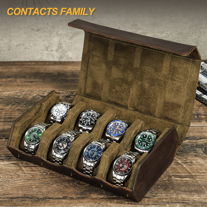Handmade Vintage Crazy Horse Leather 8-Position Portable Mechanical Watch Storage Box — image 2